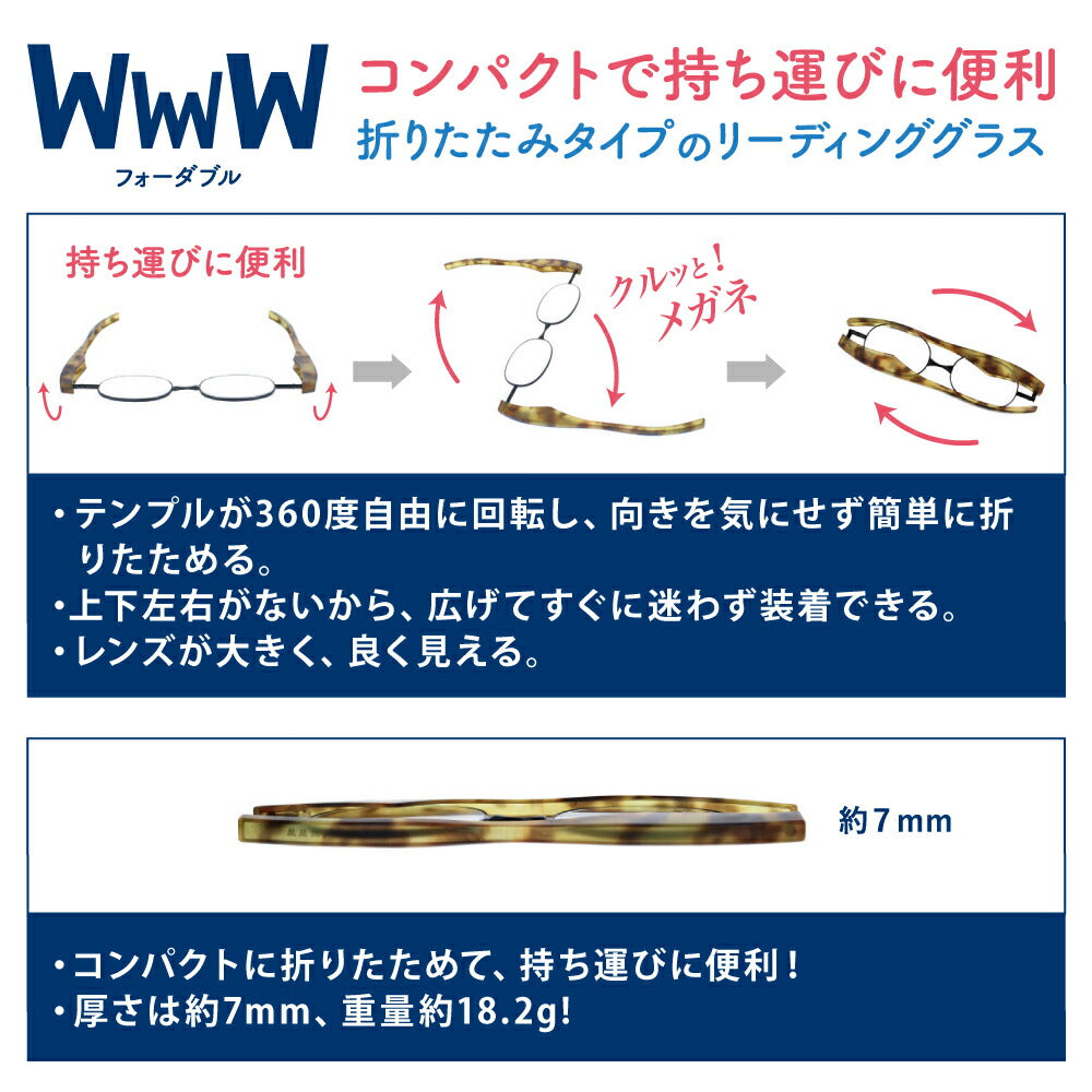 【正規品販売店】折りたたみ老眼鏡 4W フォーダブル WwwW 4W01BK 4W02DM 4W03BL リーディンググラス シニアグラス +1.0 +1.5 +2.0 +2.5 +3.0 コンパクト 軽量 軽い 薄い 持ち運び 伊達メガネ 眼鏡